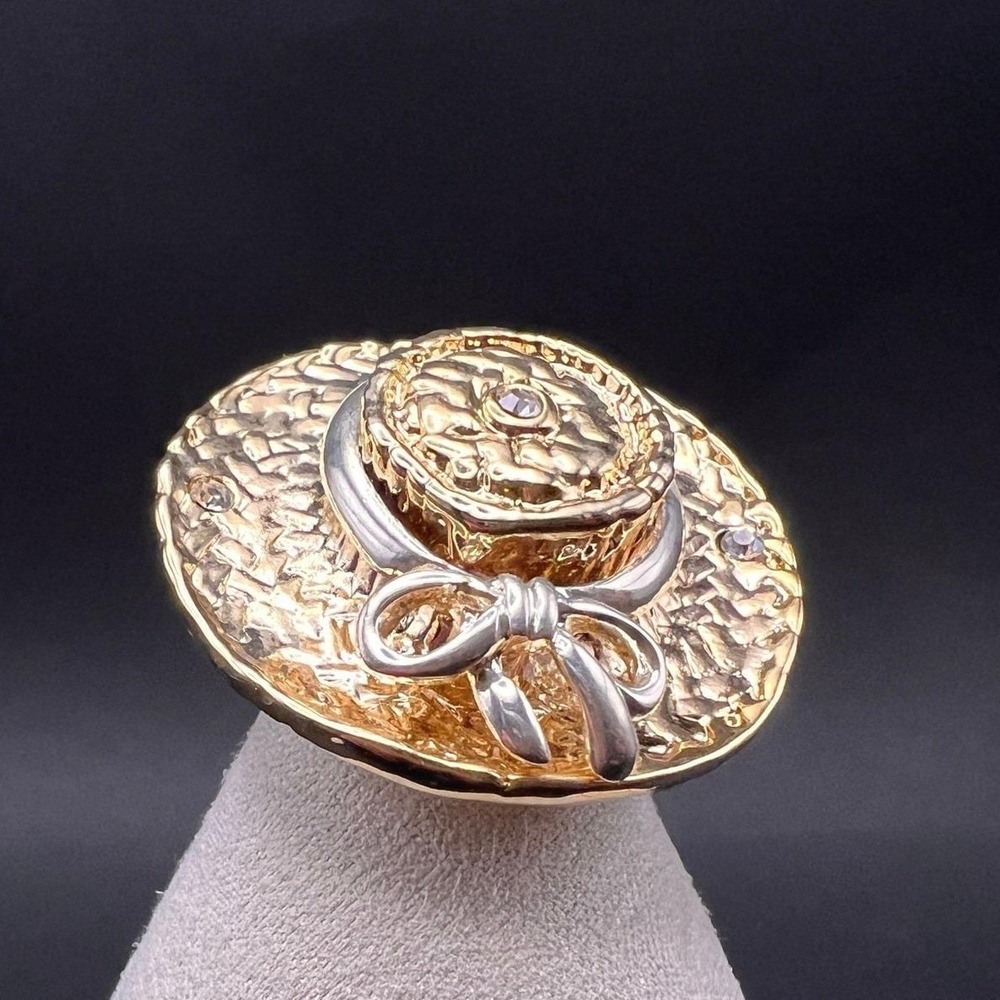 Vintage Brooch Straw Hat Two Tone Bow‎ Rhinestones